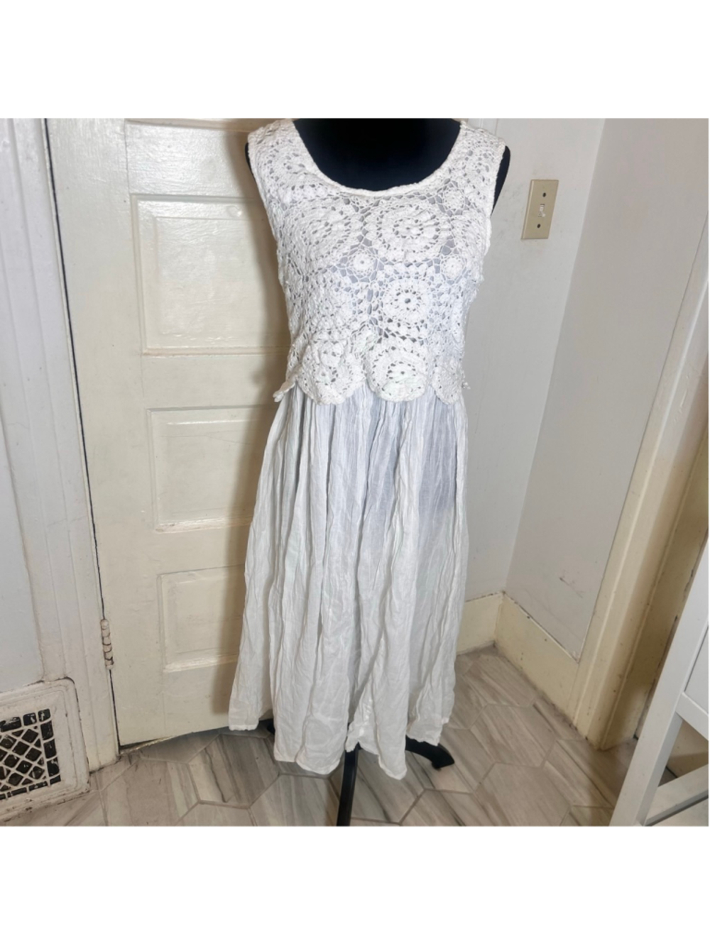 Papillon White Cotton Crochet Gauzy Maxi Sun Dress L Resort Boho Summer Tropical